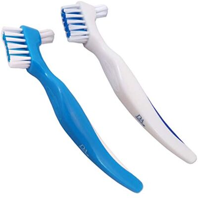 Dental Aesthetics Spazzolino per protesi (set di 2), blu e bianco ~ Impugnatura a presa facile, doppia spazzola Dental Aesthetics Spazzolino per protesi (set di 2), blu e bianco ~ Impugnatura a presa facile, doppia spazzola