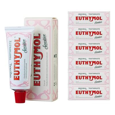 Euthymol Dentifricio sensibile 75 ml x 6, dentifricio al fluoro per denti sensibili, rimozione della placca, protezione della carie, antibatterico, senza glutine, timolo e mentolo, rinfresca il Euthymol Dentifricio sensibile 75 ml x 6, dentifricio al fluoro per denti sensibili, rimozione della placca, protezione della carie, antibatterico, senza glutine, timolo e mentolo, rinfresca il