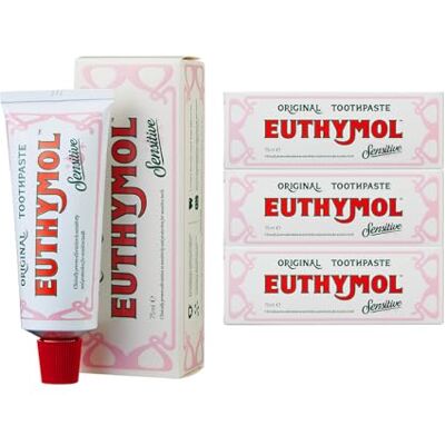 Euthymol Sensitive Dentifricio 75 ml x 3 Dentifricio al fluoruro per denti sensibili, elimina la placca dentale, protezione contro la carie, antibatterico, senza glutine, tine, timolo e mentolo Euthymol Sensitive Dentifricio 75 ml x 3 Dentifricio al fluoruro per denti sensibili, elimina la placca dentale, protezione contro la carie, antibatterico, senza glutine, tine, timolo e mentolo