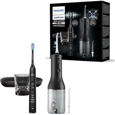 Philips Irrigatore orale senza filo Sonicare Power Flosser 3000 e spazzolino elettrico DiamondClean 9000 Pulizia di denti e gengive e rimozione della placca, colore nero (modello HX3886/43) Philips Irrigatore orale senza filo Sonicare Power Flosser 3000 e spazzolino elettrico DiamondClean 9000 Pulizia di denti e gengive e rimozione della placca, colore nero (modello HX3886/43)