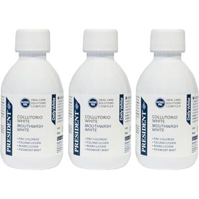 President KIT 3 COLLUTORIO WHITE ad azione sbiancante professionale. Denti più bianchi, efficace azione antibatterica, antiplacca e antitartaro. Gusto menta, rinfrescante antialitosi. 3X200ml President KIT 3 COLLUTORIO WHITE ad azione sbiancante professionale. Denti più bianchi, efficace azione antibatterica, antiplacca e antitartaro. Gusto menta, rinfrescante antialitosi. 3X200ml