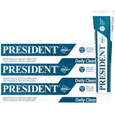 President KIT 3 DENTIFRICIO ORTHO-IMPLANT per portatori di apparecchi ortodontici, impianti dentali, protesi. Azione anti carie. massima protezione da irritazioni gengivali. RDA 30. 3X75ml President KIT 3 DENTIFRICIO ORTHO-IMPLANT per portatori di apparecchi ortodontici, impianti dentali, protesi. Azione anti carie. massima protezione da irritazioni gengivali. RDA 30. 3X75ml
