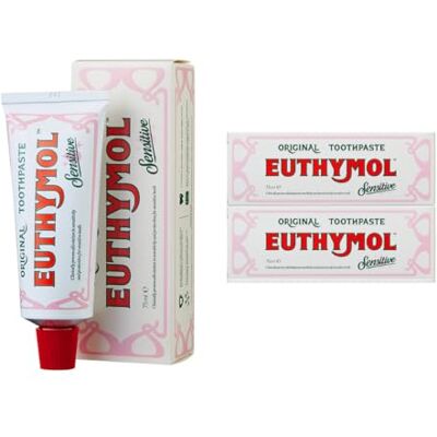 Euthymol Dentifricio sensibile 75 ml x 2, dentifricio al fluoro per denti sensibili, rimozione della placca, protezione dei fori, antibatterico, senza glutine, timolo e mentolo, rinfresca il respiro Euthymol Dentifricio sensibile 75 ml x 2, dentifricio al fluoro per denti sensibili, rimozione della placca, protezione dei fori, antibatterico, senza glutine, timolo e mentolo, rinfresca il respiro