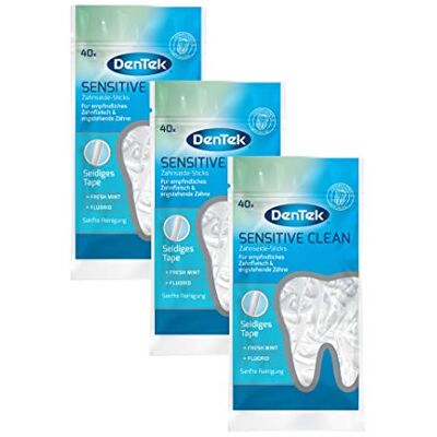 Dentek Sensitive Clean 3 x 40 bastoncini di filo interdentale per gengive sensibili, denti stretti, pulizia dei denti interdentali, gusto menta, fluoride, stuzzicadenti Dentek Sensitive Clean 3 x 40 bastoncini di filo interdentale per gengive sensibili, denti stretti, pulizia dei denti interdentali, gusto menta, fluoride, stuzzicadenti
