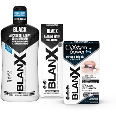 BLANX , Kit Oral Care Sbiancante, Contiene Collutorio Black, Dentifricio Black e Strisce Nere Sbiancanti, per un Massimo Effetto Sbiancante, Denti più Bianchi e Sani BLANX , Kit Oral Care Sbiancante, Contiene Collutorio Black, Dentifricio Black e Strisce Nere Sbiancanti, per un Massimo Effetto Sbiancante, Denti più Bianchi e Sani