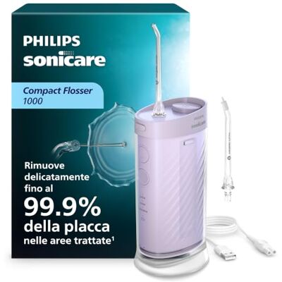 Philips Sonicare Compact Flosser 1000, Idropulsore compatto con 3 modalità di pulizia, irrigatore dentale con impermeabilità di grado IPX7, gengive più sane, da viaggio, viola, modello Philips Sonicare Compact Flosser 1000, Idropulsore compatto con 3 modalità di pulizia, irrigatore dentale con impermeabilità di grado IPX7, gengive più sane, da viaggio, viola, modello