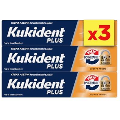 Kukident Plus Morso Insuperabile Crema Adesiva per Protesi Dentali Totali e Parziali, Sapore Neutro. Confezione da 3x35g Kukident Plus Morso Insuperabile Crema Adesiva per Protesi Dentali Totali e Parziali, Sapore Neutro. Confezione da 3x35g