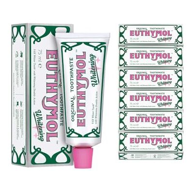 Euthymol Dentifricio Sbiancante 75ml x 6, Contiene Fluoro e Vitamina E, Senza Glutine, Rimozione della Placca, Protezione dalla Carie, Antibatterico, Pulizia Profonda, Freschezza Duratura Euthymol Dentifricio Sbiancante 75ml x 6, Contiene Fluoro e Vitamina E, Senza Glutine, Rimozione della Placca, Protezione dalla Carie, Antibatterico, Pulizia Profonda, Freschezza Duratura