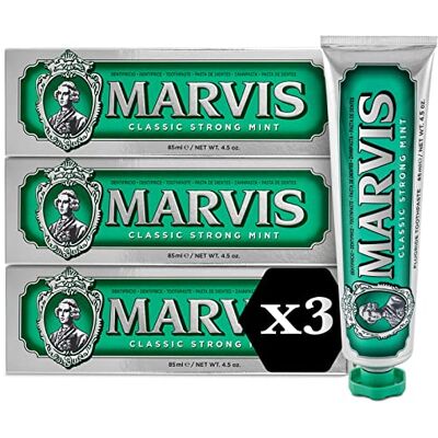 Marvis Classic Strong Mint Dentifricio, 3 × 85 ml, Dentifricio con garanzia di esperienza gustativa per una freschezza rinvigorente e duratura Marvis Classic Strong Mint Dentifricio, 3 × 85 ml, Dentifricio con garanzia di esperienza gustativa per una freschezza rinvigorente e duratura