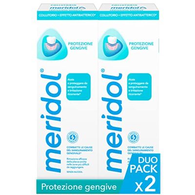 Meridol Collutorio Protezione Gengive 2x400ml Combatte il sanguinamento e l'infiammazione gengivale* Protegge dalle recidive* Agisce velocemente** Effetto antibatterico* Non macchia I 0% Alcohol Meridol Collutorio Protezione Gengive 2x400ml Combatte il sanguinamento e l'infiammazione gengivale* Protegge dalle recidive* Agisce velocemente** Effetto antibatterico* Non macchia I 0% Alcohol