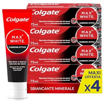 Colgate Dentifricio Sbiancante Max White Carbon 4 Confezioni da 75 ml I Dentifricio Minerale Delicato Al Carbone Attivo Per Denti Bianchil I Sbiancantemento denti I Bianco naturale Colgate Dentifricio Sbiancante Max White Carbon 4 Confezioni da 75 ml I Dentifricio Minerale Delicato Al Carbone Attivo Per Denti Bianchil I Sbiancantemento denti I Bianco naturale