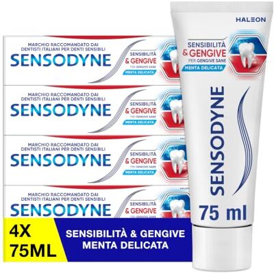 Sensodyne Sensibilità & Gengive, Dentifricio Quotidiano con Fluoro, 4x75 ml Denti Sensibili e Gengive Sane, Gusto Menta Delicata Sensodyne Sensibilità & Gengive, Dentifricio Quotidiano con Fluoro, 4x75 ml Denti Sensibili e Gengive Sane, Gusto Menta Delicata