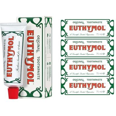 Euthymol Dentifricio Originale 75 ml x 4, senza fluoro, antiplacca, antibatterico, protezione dalla carie, denti e gengive puliti e sani, fresca menta rinfrescante Euthymol Dentifricio Originale 75 ml x 4, senza fluoro, antiplacca, antibatterico, protezione dalla carie, denti e gengive puliti e sani, fresca menta rinfrescante