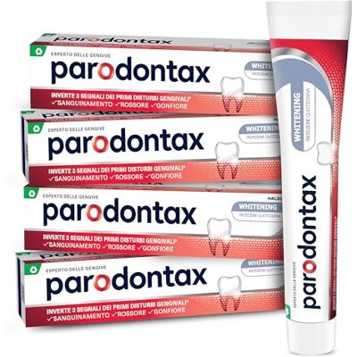 Parodontax Dentifricio Whitening, Effetto Sbiancante*, per Gengive Sane e denti Forti, Uso Quotidiano, Gusto migliorato, 4x75ml Parodontax Dentifricio Whitening, Effetto Sbiancante*, per Gengive Sane e denti Forti, Uso Quotidiano, Gusto migliorato, 4x75ml