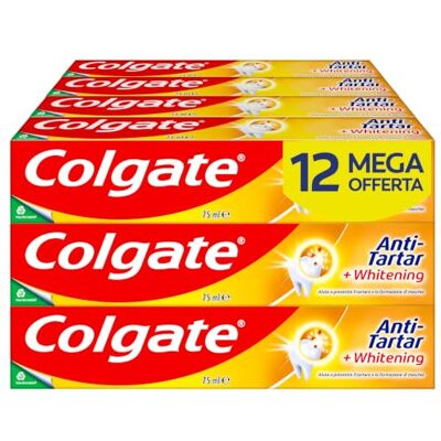 Colgate Dentifricio AntiTartar + Whitening 12 x 75 ml dentifricio sbiancante per i denti dentifricio al fluoro aiuta a prevenire il tartaro sui denti Aiuta a rimuovere le macchie superficiali Colgate Dentifricio AntiTartar + Whitening 12 x 75 ml dentifricio sbiancante per i denti dentifricio al fluoro aiuta a prevenire il tartaro sui denti Aiuta a rimuovere le macchie superficiali