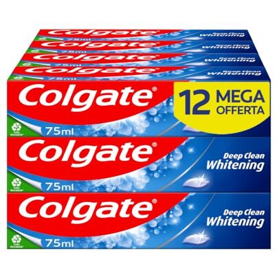 Colgate Dentifricio Deep Clean Sbiancante con bicarbonato di sodio 12 x 75 ml dentifricio sbiancante per i denti rimuove le macchie superficiali combatte la carie clinicamente testato Colgate Dentifricio Deep Clean Sbiancante con bicarbonato di sodio 12 x 75 ml dentifricio sbiancante per i denti rimuove le macchie superficiali combatte la carie clinicamente testato