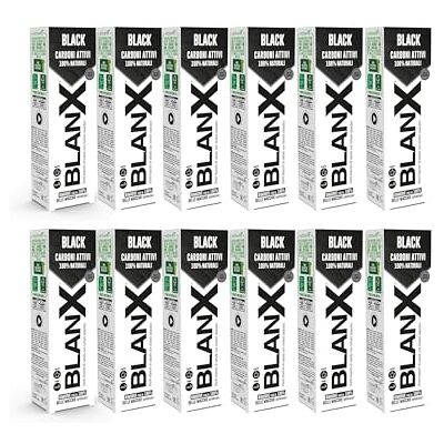 BLANX , Dentifricio Black, Dentifricio Sbiancante e Antimacchia, Con Carboni Attivi e Licheni Islandici 100% Naturali, Rimuove Macchie da Caffè Fumo e Tè, Vegan Friendly, 12x75ml BLANX , Dentifricio Black, Dentifricio Sbiancante e Antimacchia, Con Carboni Attivi e Licheni Islandici 100% Naturali, Rimuove Macchie da Caffè Fumo e Tè, Vegan Friendly, 12x75ml