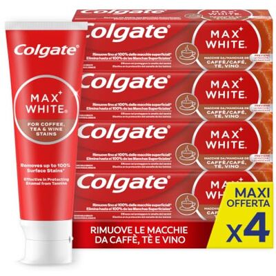 Colgate Max White, Dentifricio Sbiancante Per Caffè e Tè, 4x75 ml Colgate Max White, Dentifricio Sbiancante Per Caffè e Tè, 4x75 ml