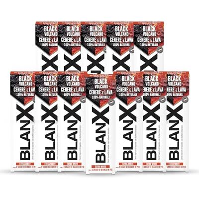BLANX , Dentifricio Black Volcano, Dentifricio Sbiancante Extra White, Fino a 3 Gradi di Bianco in Più, Con Licheni Islandici, Cenere e Lava Vulcanica 100% Naturali, Aroma Extra Fresco, 12x75ml BLANX , Dentifricio Black Volcano, Dentifricio Sbiancante Extra White, Fino a 3 Gradi di Bianco in Più, Con Licheni Islandici, Cenere e Lava Vulcanica 100% Naturali, Aroma Extra Fresco, 12x75ml