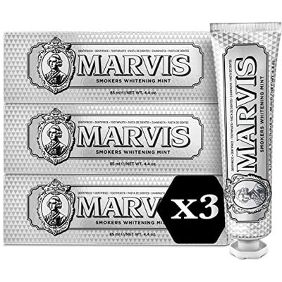 Marvis Smokers Whitening Mint Dentifricio, 3 × 85 ml, Dentifricio sbiancante favorisce uno sbiancamento naturale dei denti, dentifricio rimuove la placca e dona freschezza duratura Marvis Smokers Whitening Mint Dentifricio, 3 × 85 ml, Dentifricio sbiancante favorisce uno sbiancamento naturale dei denti, dentifricio rimuove la placca e dona freschezza duratura