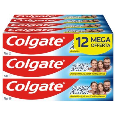 Colgate Dentifricio Family Action 12 x 75 ml dentifricio al fluoro formula a base di calcio penetra tra un dente e l'altro protezione dalla carie rinfresca l'alito delizioso gusto di menta Colgate Dentifricio Family Action 12 x 75 ml dentifricio al fluoro formula a base di calcio penetra tra un dente e l'altro protezione dalla carie rinfresca l'alito delizioso gusto di menta