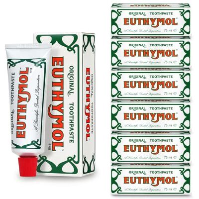 Euthymol Dentifricio originale da 75 ml x 6, senza fluoro, antiplacca, antibatterico, protezione contro carie, denti e gengive per pulizia e salute, menta fresca, cura dentale quotidiana Euthymol Dentifricio originale da 75 ml x 6, senza fluoro, antiplacca, antibatterico, protezione contro carie, denti e gengive per pulizia e salute, menta fresca, cura dentale quotidiana