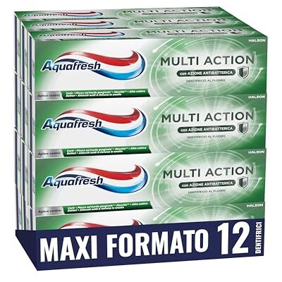 Aquafresh Dentifricio Multi Action per tutta la Famiglia, Previene le Carie, Gengive Sane, Alito Fresco, Rimuove le Macchie, Smalto Forte, Pacco da 12 x75ml Aquafresh Dentifricio Multi Action per tutta la Famiglia, Previene le Carie, Gengive Sane, Alito Fresco, Rimuove le Macchie, Smalto Forte, Pacco da 12 x75ml