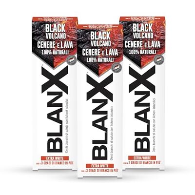 BLANX , Dentifricio Black Volcano, Dentifricio Sbiancante Extra White, Fino a 3 Gradi di Bianco in Più, Con Licheni Islandici, Cenere e Lava Vulcanica 100% Naturali, Aroma Extra Fresco, 3x75ml BLANX , Dentifricio Black Volcano, Dentifricio Sbiancante Extra White, Fino a 3 Gradi di Bianco in Più, Con Licheni Islandici, Cenere e Lava Vulcanica 100% Naturali, Aroma Extra Fresco, 3x75ml