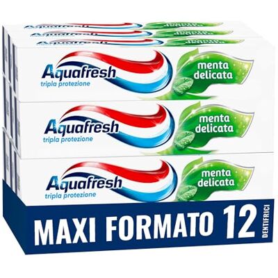 Aquafresh Dentifricio Tripla Protezione, Denti Forti, Gengive Sane, Smalto Rinforzato, Alito Fresco, Gusto Menta Delicata, Pacco da 12x75ml Aquafresh Dentifricio Tripla Protezione, Denti Forti, Gengive Sane, Smalto Rinforzato, Alito Fresco, Gusto Menta Delicata, Pacco da 12x75ml