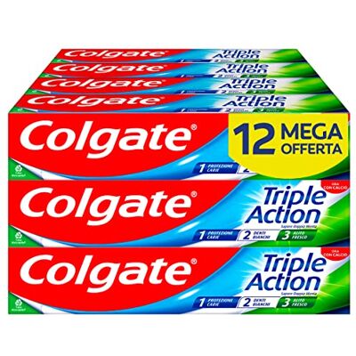 Colgate Dentifricio Triple Action 12x75ml (Consegna in 48 Ore), Dentifricio Protezione contro la Carie, Denti Bianchi, Alito Fresco, Protezione Smalto, Formula Sbiancante e Rinfrescante Colgate Dentifricio Triple Action 12x75ml (Consegna in 48 Ore), Dentifricio Protezione contro la Carie, Denti Bianchi, Alito Fresco, Protezione Smalto, Formula Sbiancante e Rinfrescante