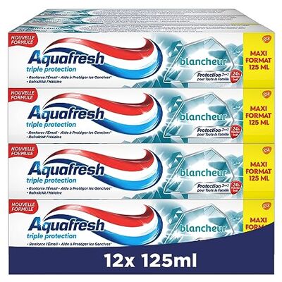 Aquafresh Dentifricio Tripla Protezione Bianchezza, Per Denti Forti e Alito Freddo, Confezione da 12 x 125 ml Aquafresh Dentifricio Tripla Protezione Bianchezza, Per Denti Forti e Alito Freddo, Confezione da 12 x 125 ml