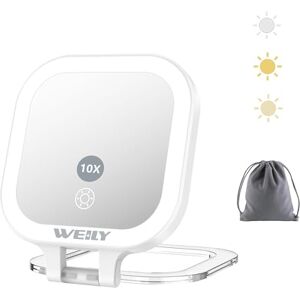 WEILY Specchietto da Borsetta, Specchio da Viaggio Bifacciale con 1X/10x Ingrandimento, con 3 Luci Colorate e Controllo Touch, Specchio Trucco Portatile Ricaricabile Tramite USB (Bianco) WEILY Specchietto da Borsetta, Specchio da Viaggio Bifacciale con 1X/10x Ingrandimento, con 3 Luci Colorate e Controllo Touch, Specchio Trucco Portatile Ricaricabile Tramite USB (Bianco)