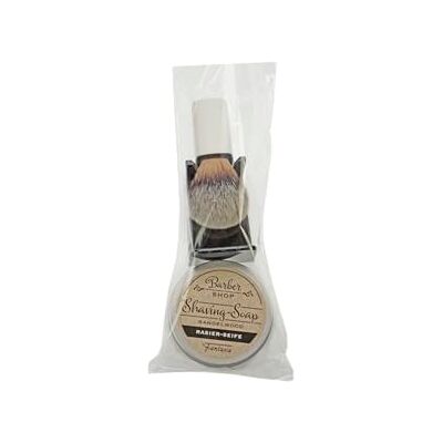 Fantasia Set da barba con pennello da barba, capelli sintetici, sapone da barba, legno di sandalo, in scatola di alluminio, supporto per pennello da barba, nero Fantasia Set da barba con pennello da barba, capelli sintetici, sapone da barba, legno di sandalo, in scatola di alluminio, supporto per pennello da barba, nero