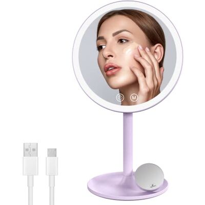 EMKE Specchio da trucco con illuminazione, specchio cosmetico a LED con 3 colori di luce, pratico specchio per trucco con ingrandimento 1/3x, luminosità regolabile e interruttore touch (viola) EMKE Specchio da trucco con illuminazione, specchio cosmetico a LED con 3 colori di luce, pratico specchio per trucco con ingrandimento 1/3x, luminosità regolabile e interruttore touch (viola)