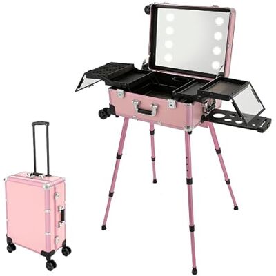 VNwizribc Custodia for trucco in lega di alluminio Rosa for salone di bellezza: custodia scorrevole in lega di alluminio con specchio illuminato e jack di ricarica VNwizribc Custodia for trucco in lega di alluminio Rosa for salone di bellezza: custodia scorrevole in lega di alluminio con specchio illuminato e jack di ricarica