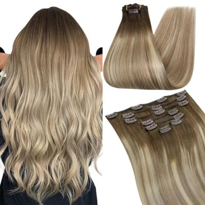 Ugeat Estensione a clip per capelli umani 14 pollici clip in estensioni capelli naturali 100 G/7 pezzi estensione capelli naturali clip marrone con bionda #3/8/22 scansione estensioni capelli clip Ugeat Estensione a clip per capelli umani 14 pollici clip in estensioni capelli naturali 100 G/7 pezzi estensione capelli naturali clip marrone con bionda #3/8/22 scansione estensioni capelli clip