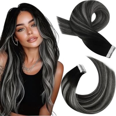 Moresoo Extension Capelli Veri Biadesivo Remy Tape Hair Extension Biadesive Capelli Veri Balayage Nero Naturale all'Argento con Nero Naturale #1B/Silver/1B 55 cm 20pcs 50g Moresoo Extension Capelli Veri Biadesivo Remy Tape Hair Extension Biadesive Capelli Veri Balayage Nero Naturale all'Argento con Nero Naturale #1B/Silver/1B 55 cm 20pcs 50g