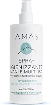 AMAS Spray Igienizzante - 100% Fatto a Mano in Italia 98% Origine Naturale- Alcool 70% Idratante, Emolliente, Dermoprotettivo Con Olio Essenziale di Eucalipto (400 ml Spray)