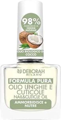 DEBORAH Milano Olio Formula Pura Trattamento Unghie e Cuticole, con Ingredienti Naturali e Olio Biologico di Cocco, Nutre e Ammorbidisce la Pelle in Eccesso, 8.5 ml