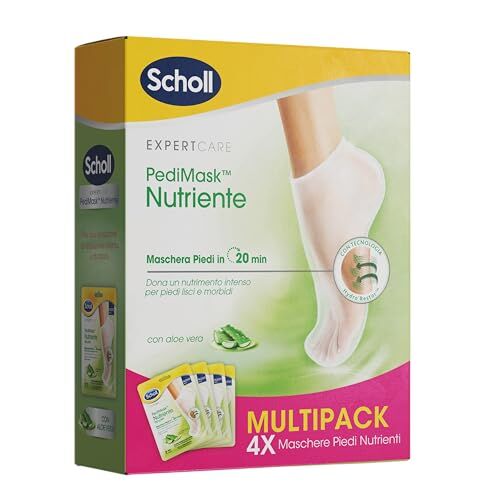 Scholl Pedimask Nutriente con Aloe Vera, Maschera Piedi ad Azione Idratante e Rigenerante, 4 Paia Di Calzini Idratanti per Piedi Lisci e Morbidi, Tempo di Posa 20 Minuti