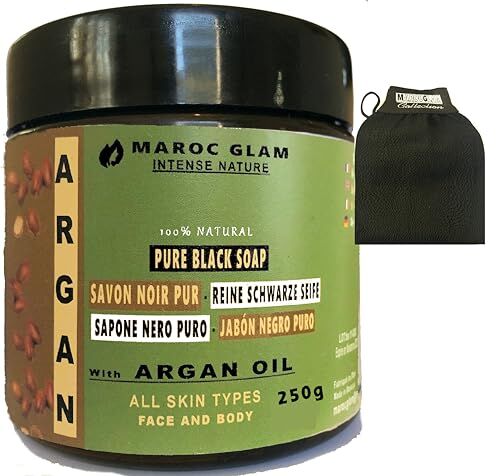 MAROC GLAM Peeling Sapone nero marocchino con olio di ARGAN biologico da 250 g + Guante Esfoliante Cleanse Kessa, 100% naturale di olio di argan, antirughe, ricco di vitamina E, HAMMAM & SPA, Marocco GLAM…