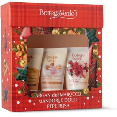 Bottega Verde Cofanetto Regalo con 3 Creme Mani, con Mandorle Dolci, Pepe Rosa e Argan del Marocco, 3 x 30 ml, Nutriente e Profumato, Idea Regalo Bottega Verde Cofanetto Regalo con 3 Creme Mani, con Mandorle Dolci, Pepe Rosa e Argan del Marocco, 3 x 30 ml, Nutriente e Profumato, Idea Regalo