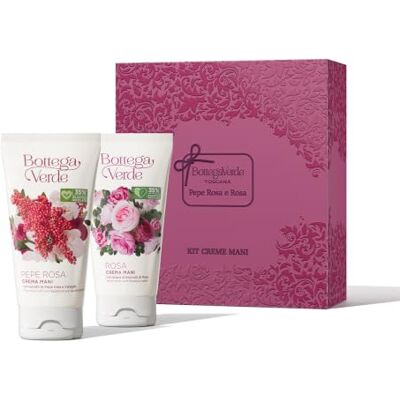 Bottega Verde Kit Regalo con 2 Creme Mani da 75ml, Rosa e Pepe Rosa Crema Mani con acqua di boccioli di Rosa e Crema Mani con estratti di Pepe Rosa e Vaniglia, Azione Idratante, Idea Regalo Bottega Verde Kit Regalo con 2 Creme Mani da 75ml, Rosa e Pepe Rosa Crema Mani con acqua di boccioli di Rosa e Crema Mani con estratti di Pepe Rosa e Vaniglia, Azione Idratante, Idea Regalo