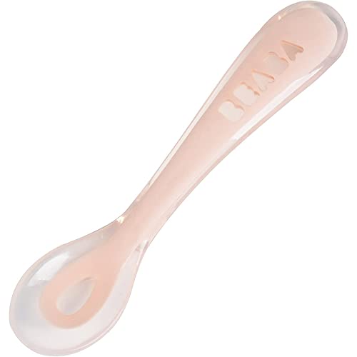 Béaba Cucchiaio in Silicone per Neonati e Bambini, Cucchiaino Bebé per lo Svezzamento, 2a Infanzia, Flessibile, Punta Arrotondata, Manico Ergonomico, Rosa