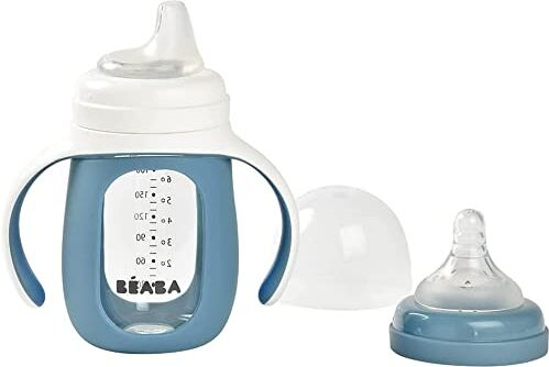 Béaba , 2 in 1 Tazza/Biberon da Allenamento, Vetro, Copertura in Silicone, Forte, Sano, 100% Impermeabile, Maniglie Rimovibili, 210ml, Blu Vento