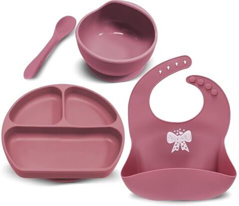 Miracle Baby Set Pappa Svezzamento Silicone Piatto con Ventosa per Bambini Ciotola Antiscivolo Bavaglino et Cucchiaino Set Prima Pappa per Neonato, Senza BPA e Anti Odore, Rosso