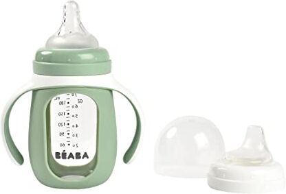 Béaba , 2 in 1 Tazza/Biberon da Allenamento, Vetro, Copertura in Silicone, Forte, Sano, 100% Impermeabile, Maniglie Rimovibili, 210ml, verde Salvia