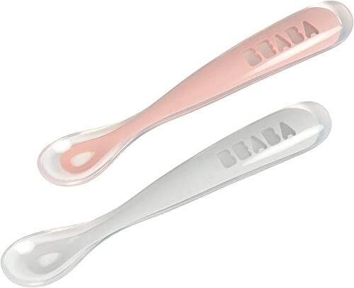 Béaba Cucchiaio in Silicone per Bebè e Neonato, Cucchiaino Svezzamento, Set di 2, Con Custodia di Trasporto, Rosa