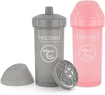 Twistshake 2x Biberon A Prova Di Perdite Con Beccuccio Rigido E Frullatore Di Frutta 360ml   Borraccia Per Bambini E Neonati   Senza BPA   Grigio Rosa