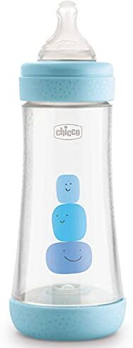 Chicco PERFECT 5 Biberon Anticolica 300 ml, Biberon Flusso Veloce 4 Mesi + con Tettarella in Morbido Silicone, Biberon Biofunzionale con Intui-flow System da 300 ml, Azzurro